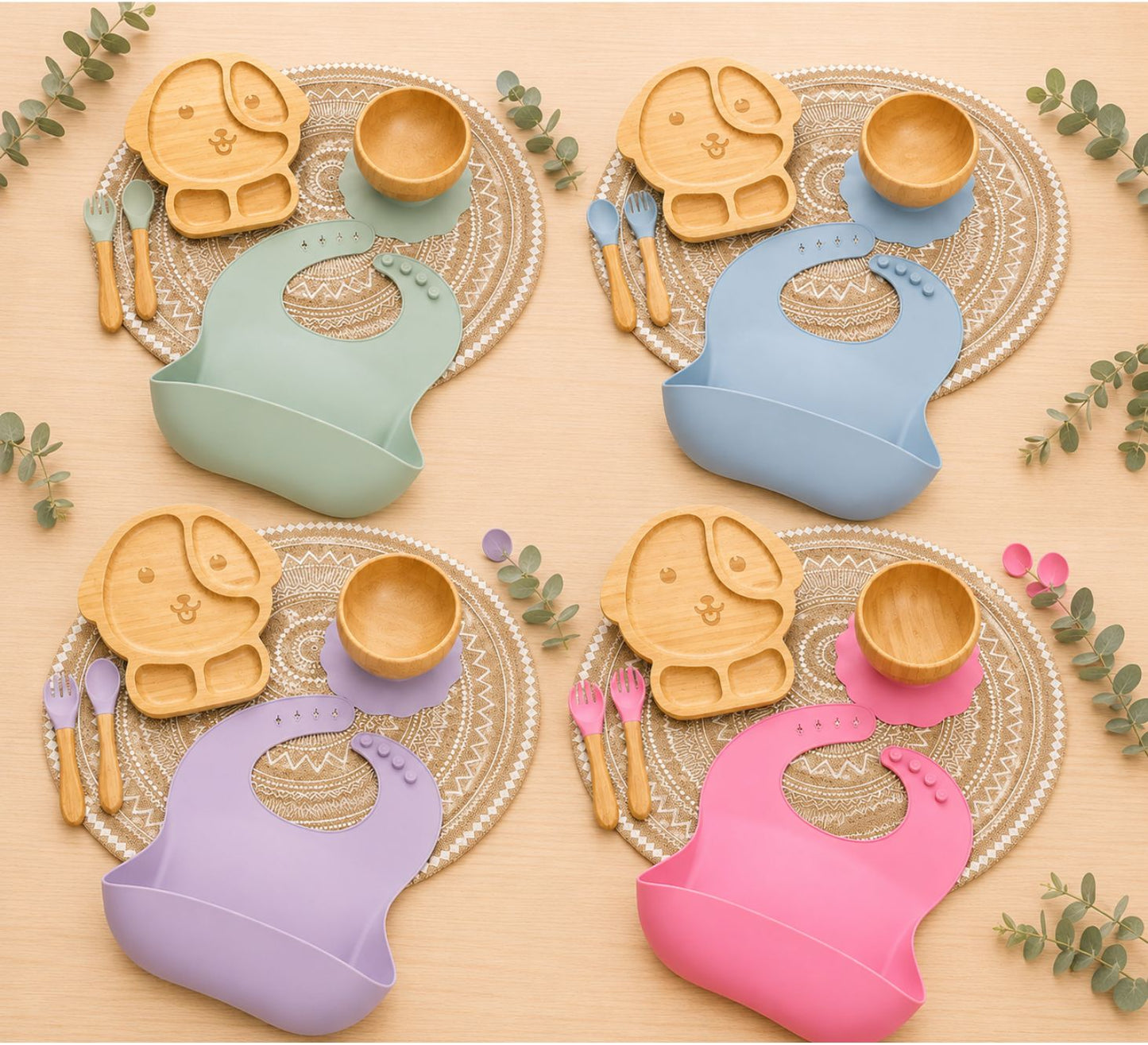 bamboo dog-shaped baby feeding sets in green, blue, purple and pink