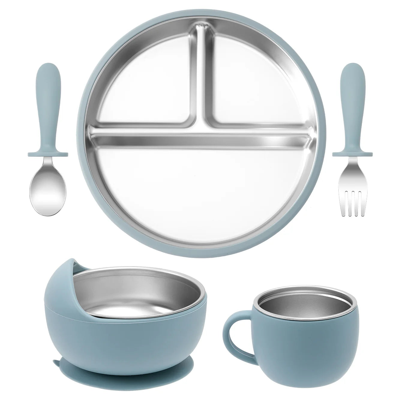 Blue Stainless Steel Feeding Set with suction for kids