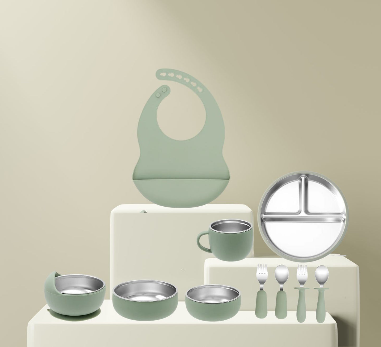 Green feeding set with bib plate cup bowl cutlery