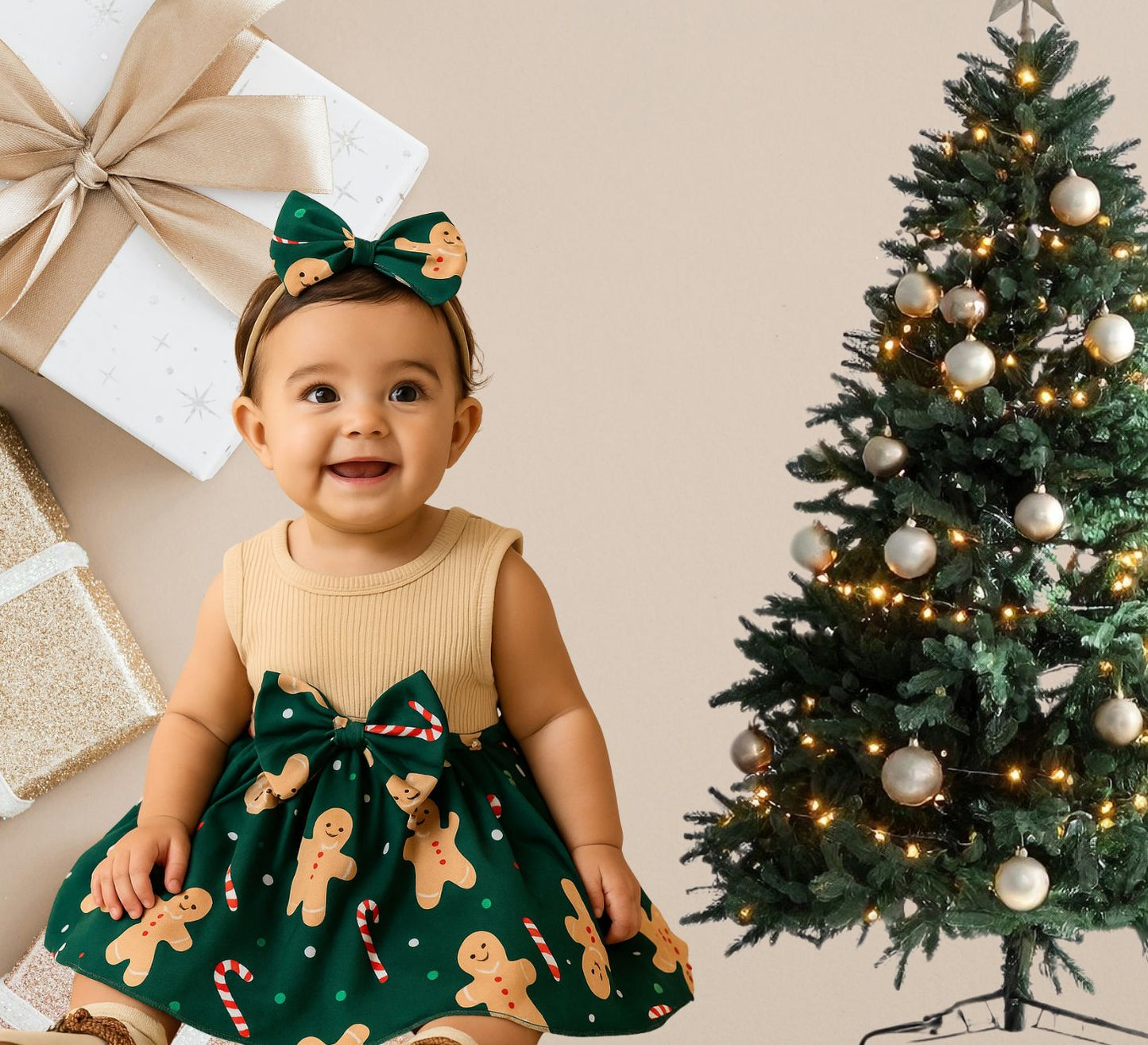 Baby in a green dress with gingerbread men pattern next to a decorated Christmas tree.