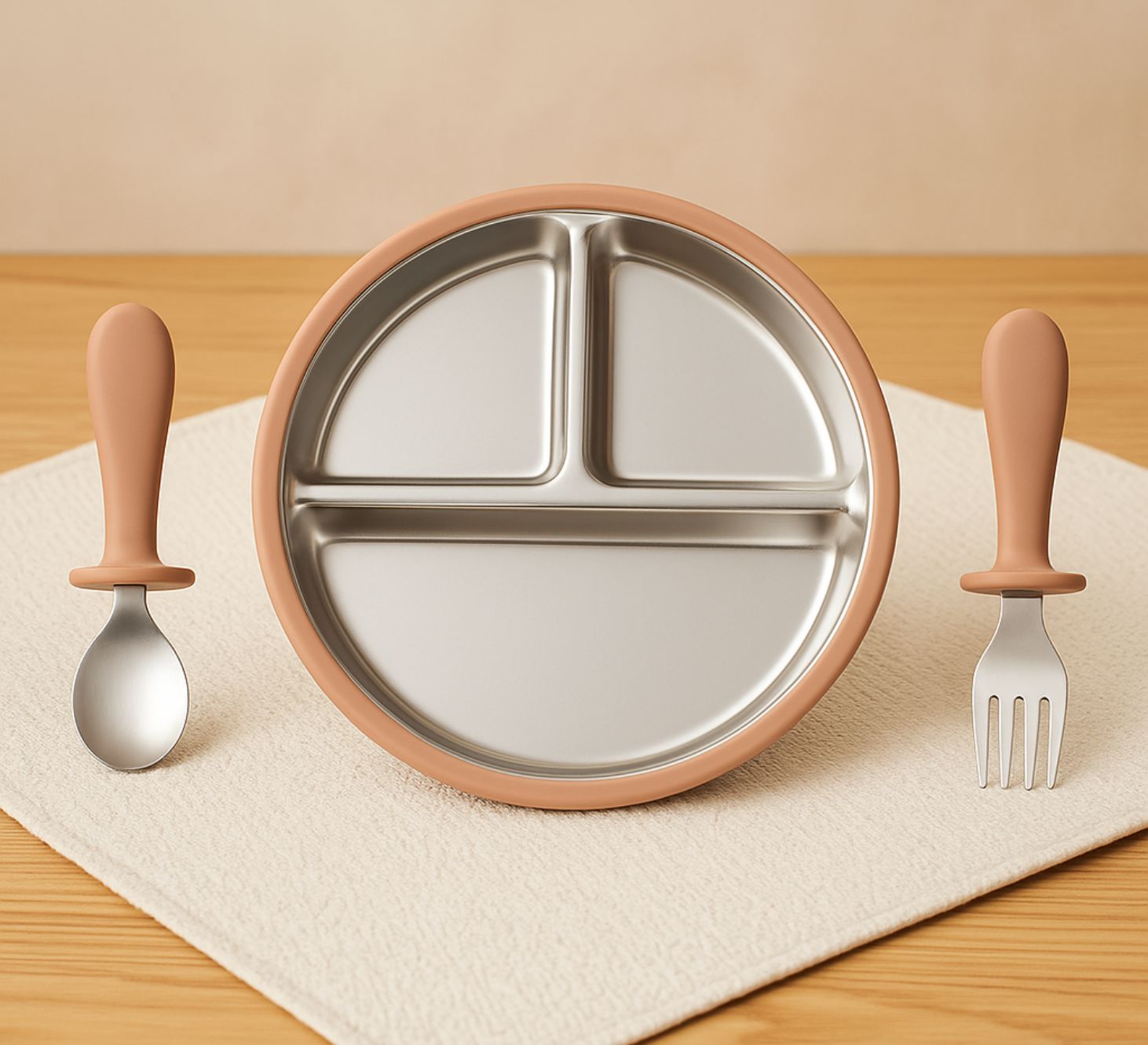 Brown Steel plate with fork and spoon for kids babies toddler