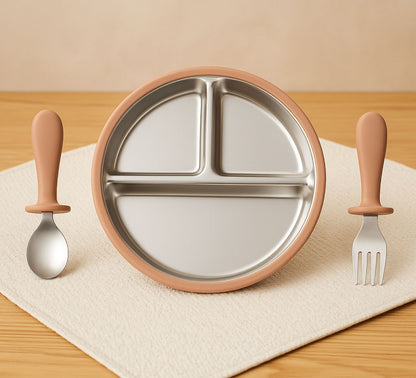 Brown Steel plate with fork and spoon for kids babies toddler