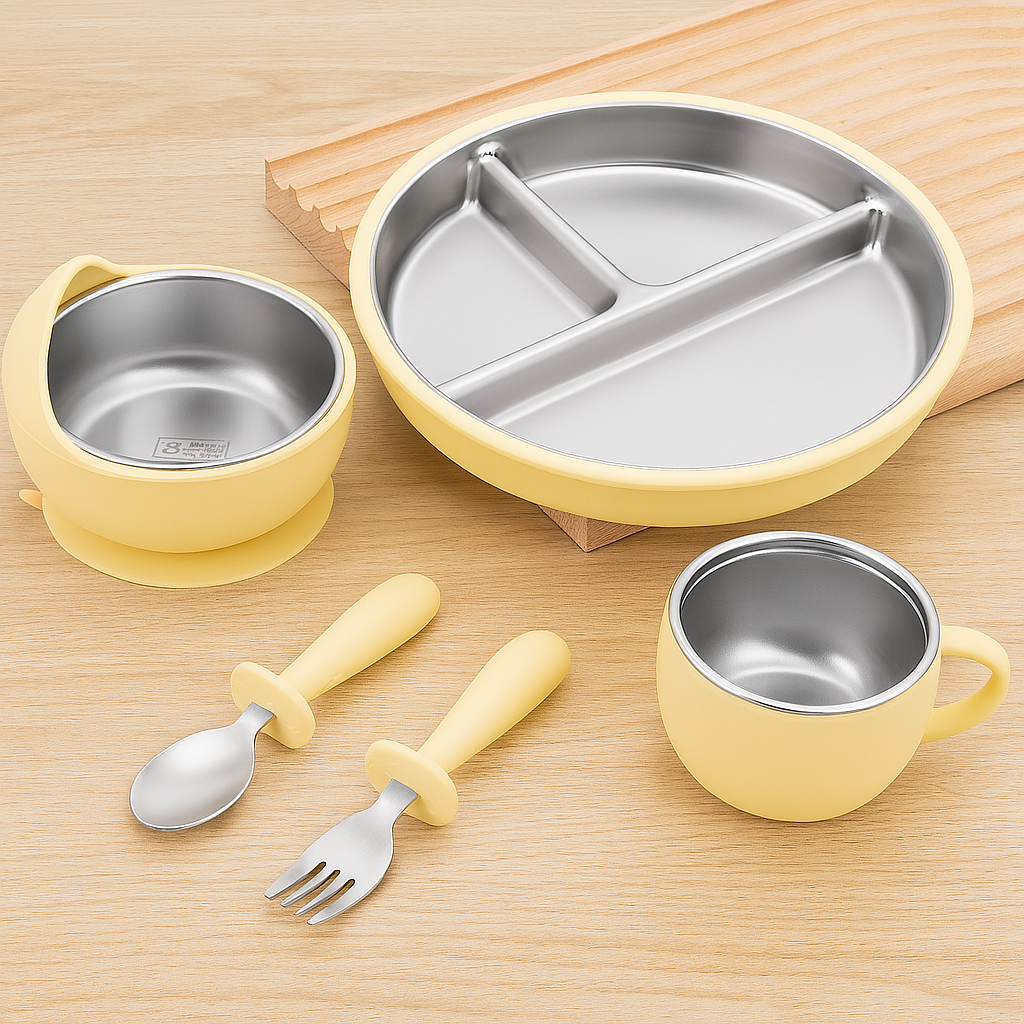 Yellow Stainless Steel Feeding Set with suction for kids 