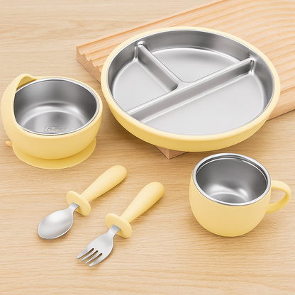 Yellow Stainless Steel Feeding Set with suction for kids 