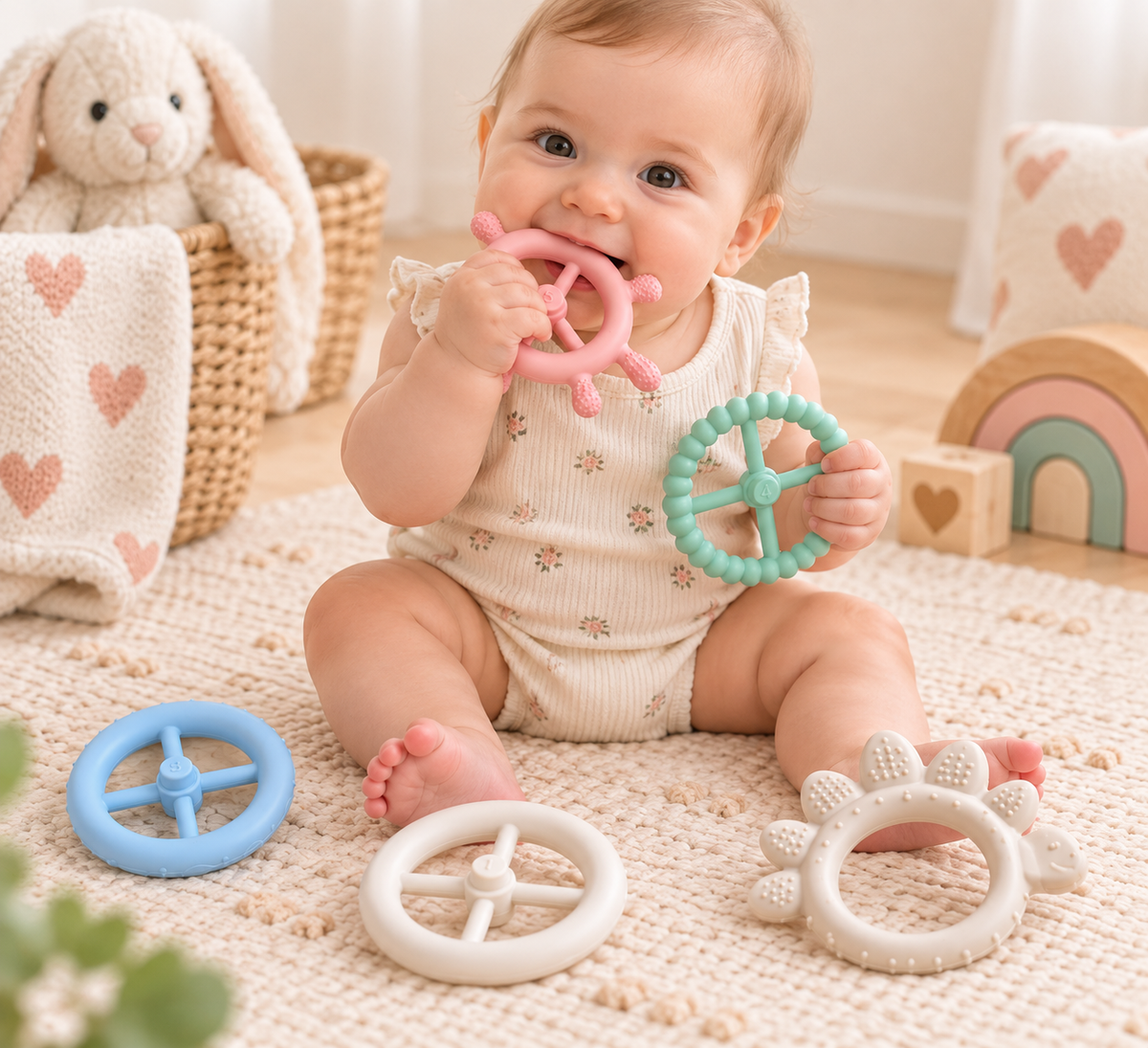 baby girl chewing part of a teether