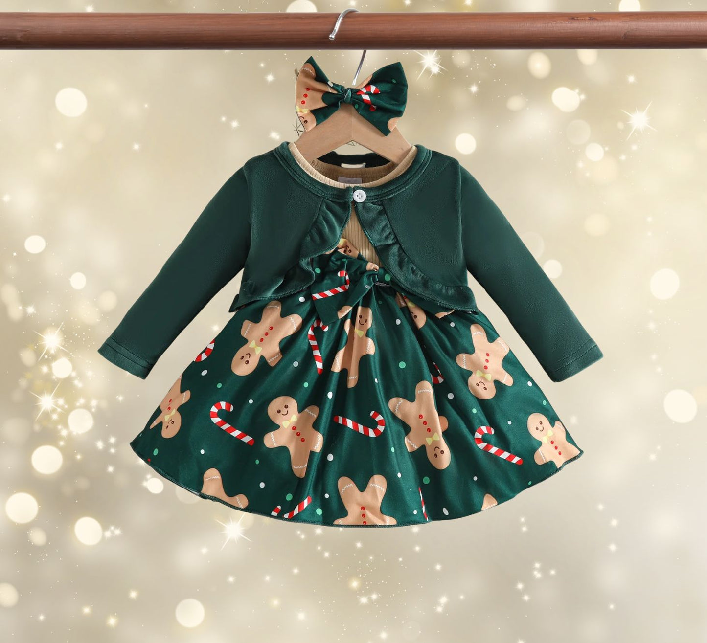 Green dress with gingerbread christmas for baby toddlers girls