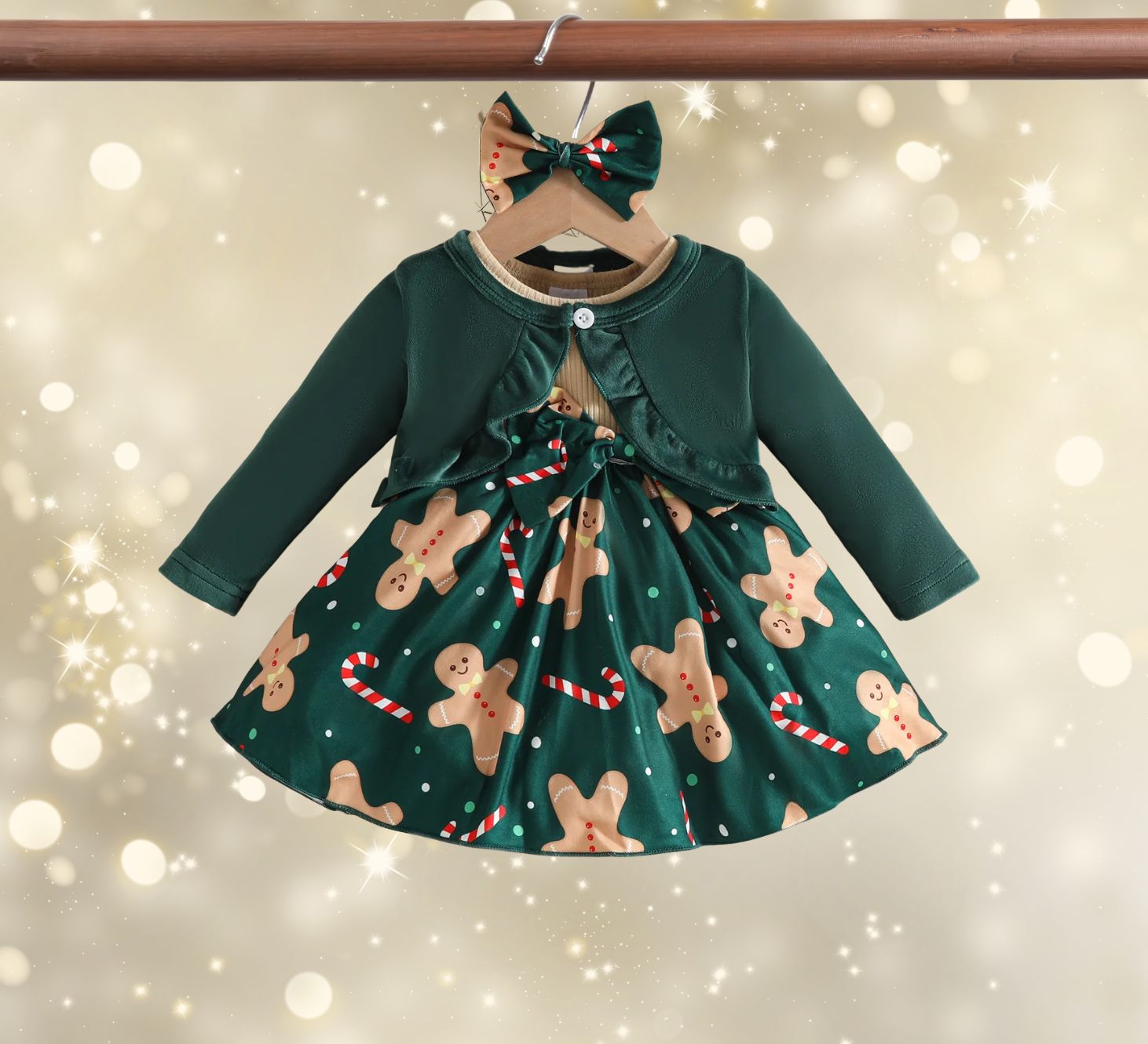 Green dress with gingerbread christmas for baby toddlers girls