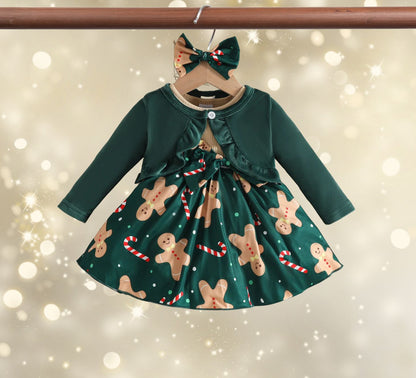 Green dress with gingerbread christmas for baby toddlers girls