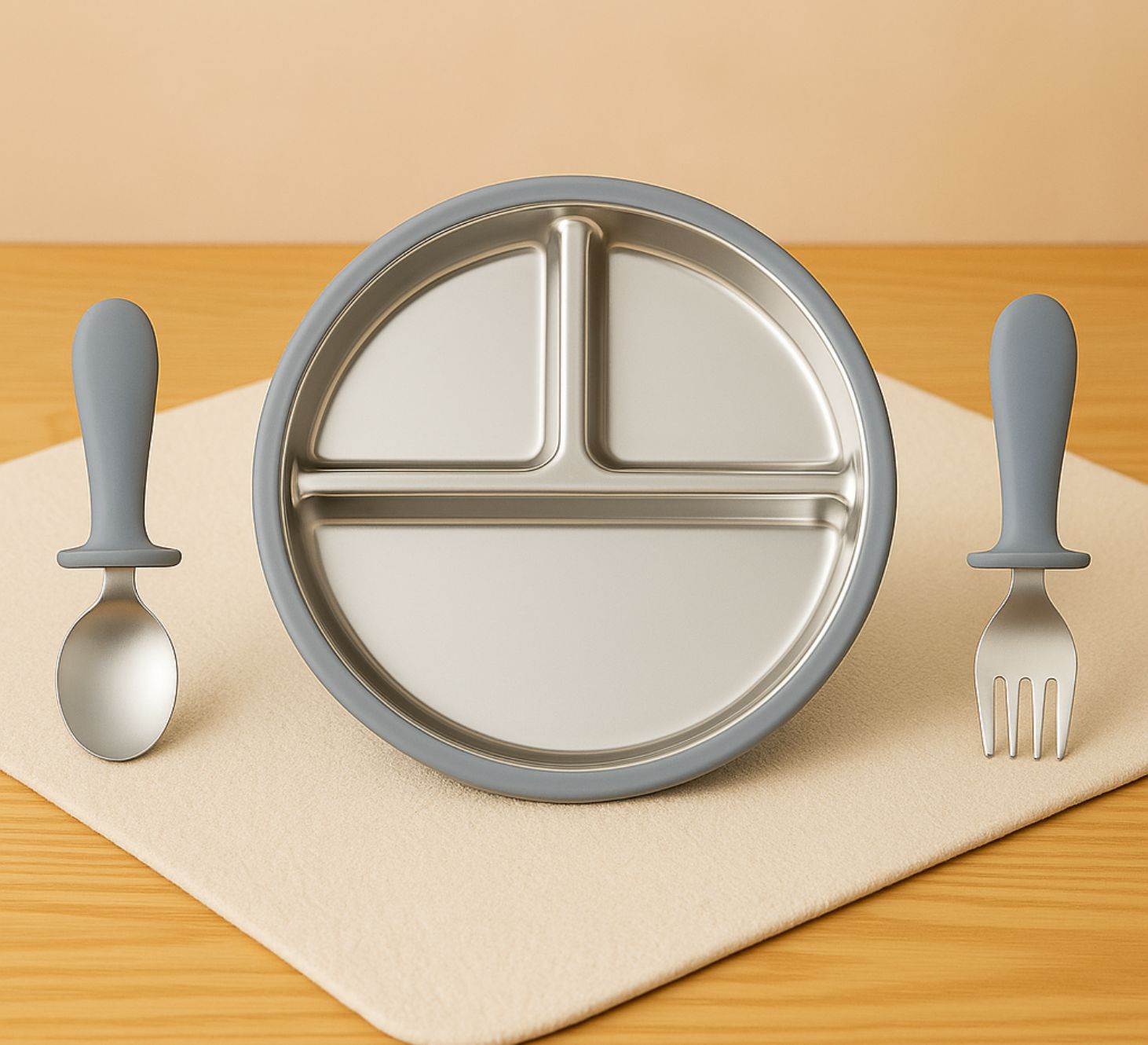 Gray Steel plate with fork and spoon for kids babies toddler