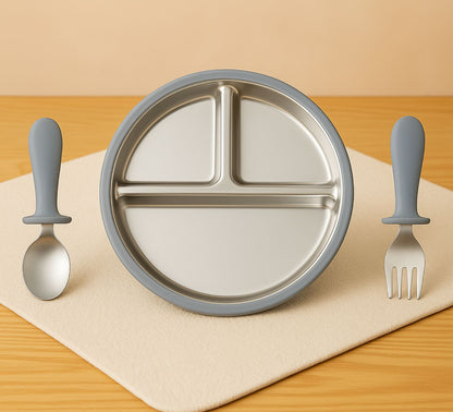 Gray Steel plate with fork and spoon for kids babies toddler