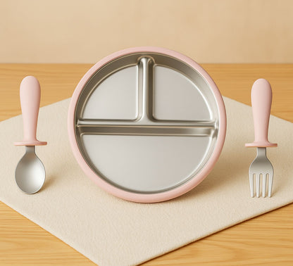 Light pink Steel plate with fork and spoon for kids babies toddler 