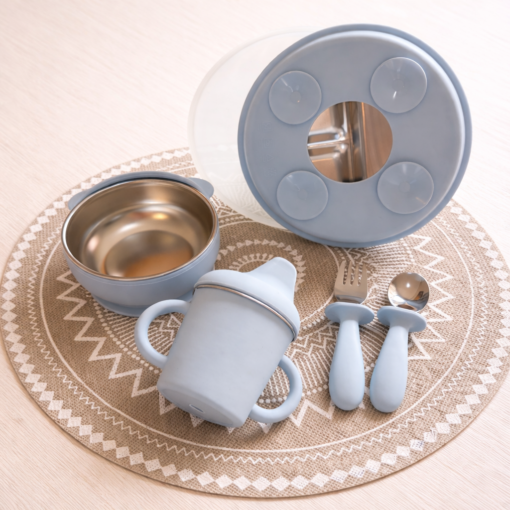 Sky Blue BPA-free stainless steel baby feeding set including divided plate with lid, bowl, fork, spoon and silicone training cup