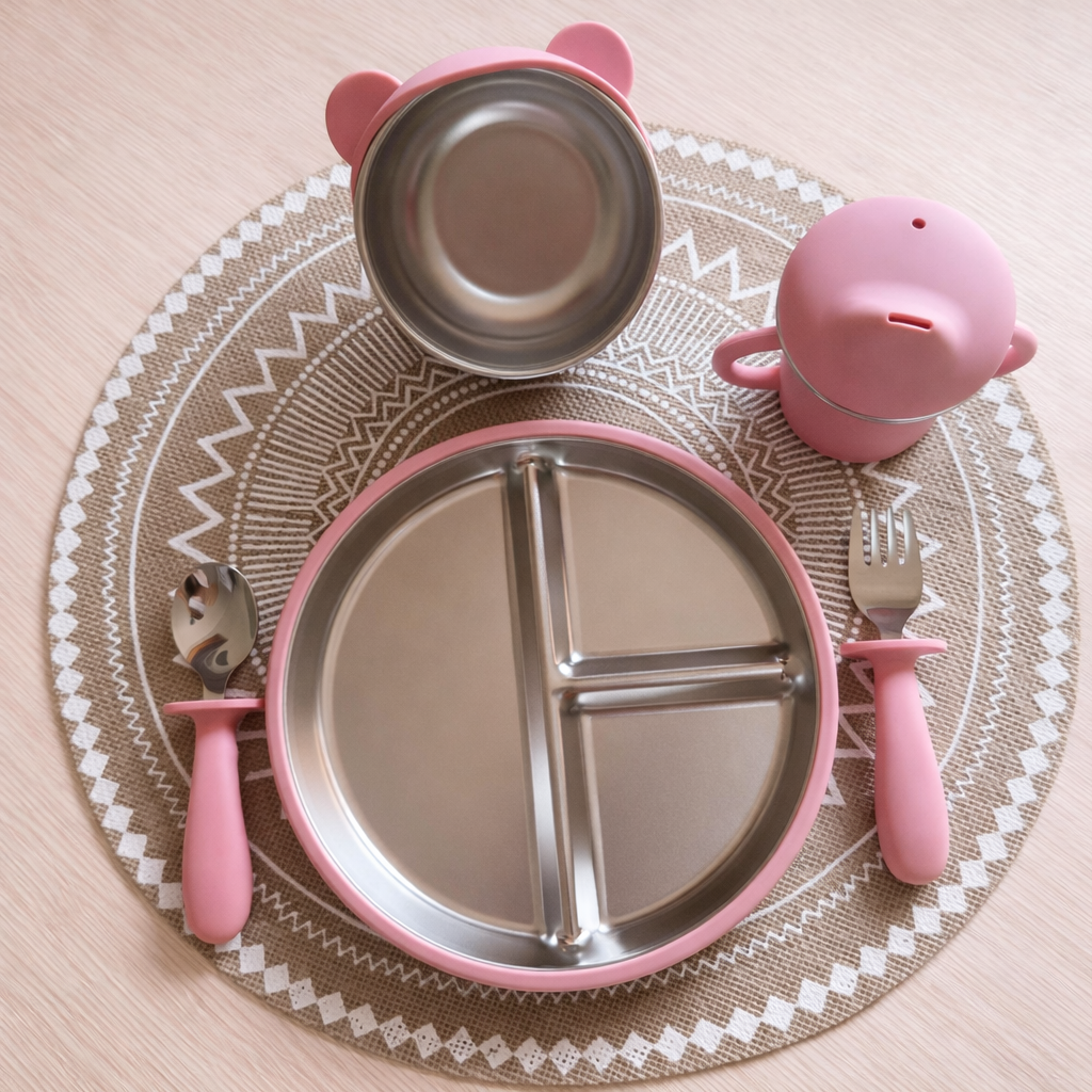 Candy Pink BPA-free stainless steel baby feeding set including divided plate with lid, bowl, fork, spoon and silicone training cup