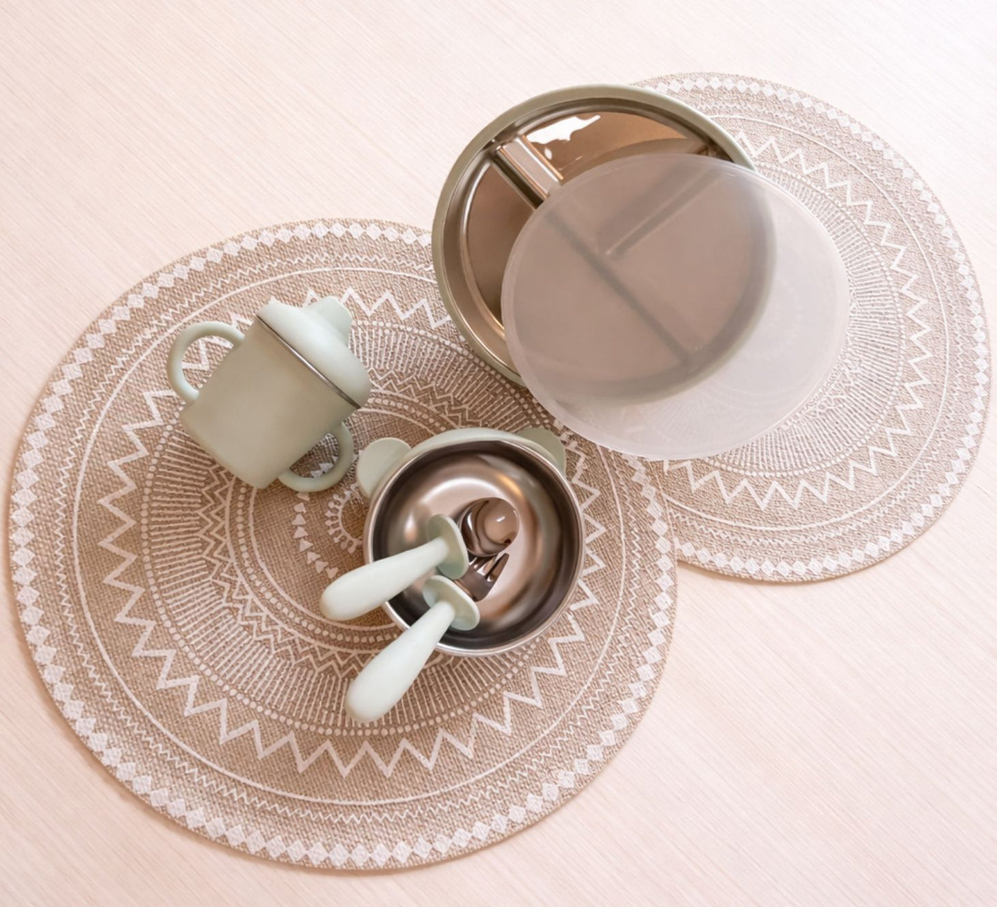 Green mint BPA-free stainless steel baby feeding set including divided plate with lid, bowl, fork, spoon and silicone training cup