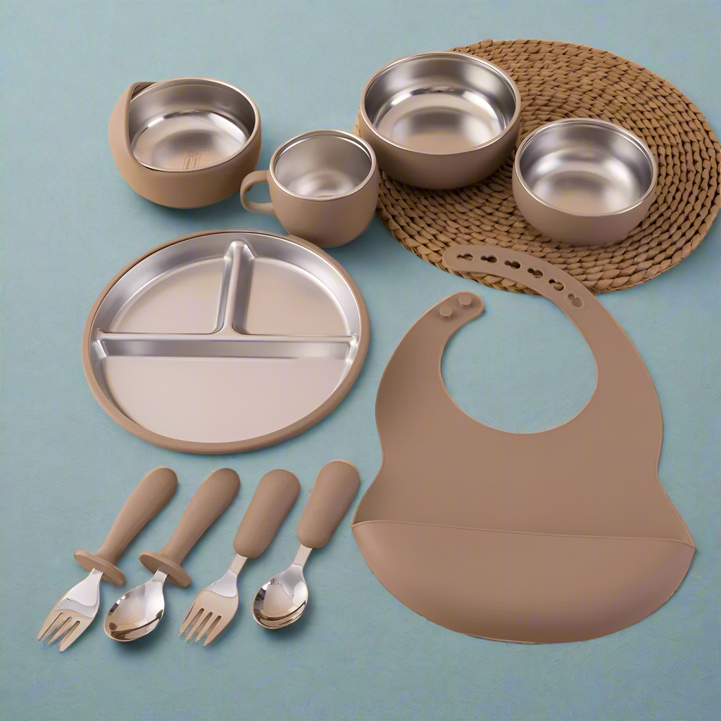 Light Brown feeding set with bib plate cup bowl cutlery