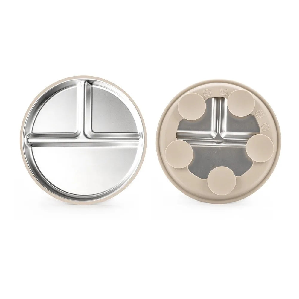 Beige Stainless steel plate for kids with silicone suction