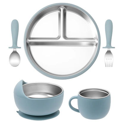 Blue Stainless Steel Feeding Set with suction for kids 