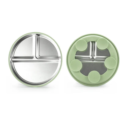 Green Stainless steel plate for kids with silicone suction