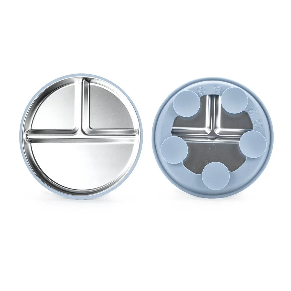 Blue Stainless steel plate for kids with silicone suction