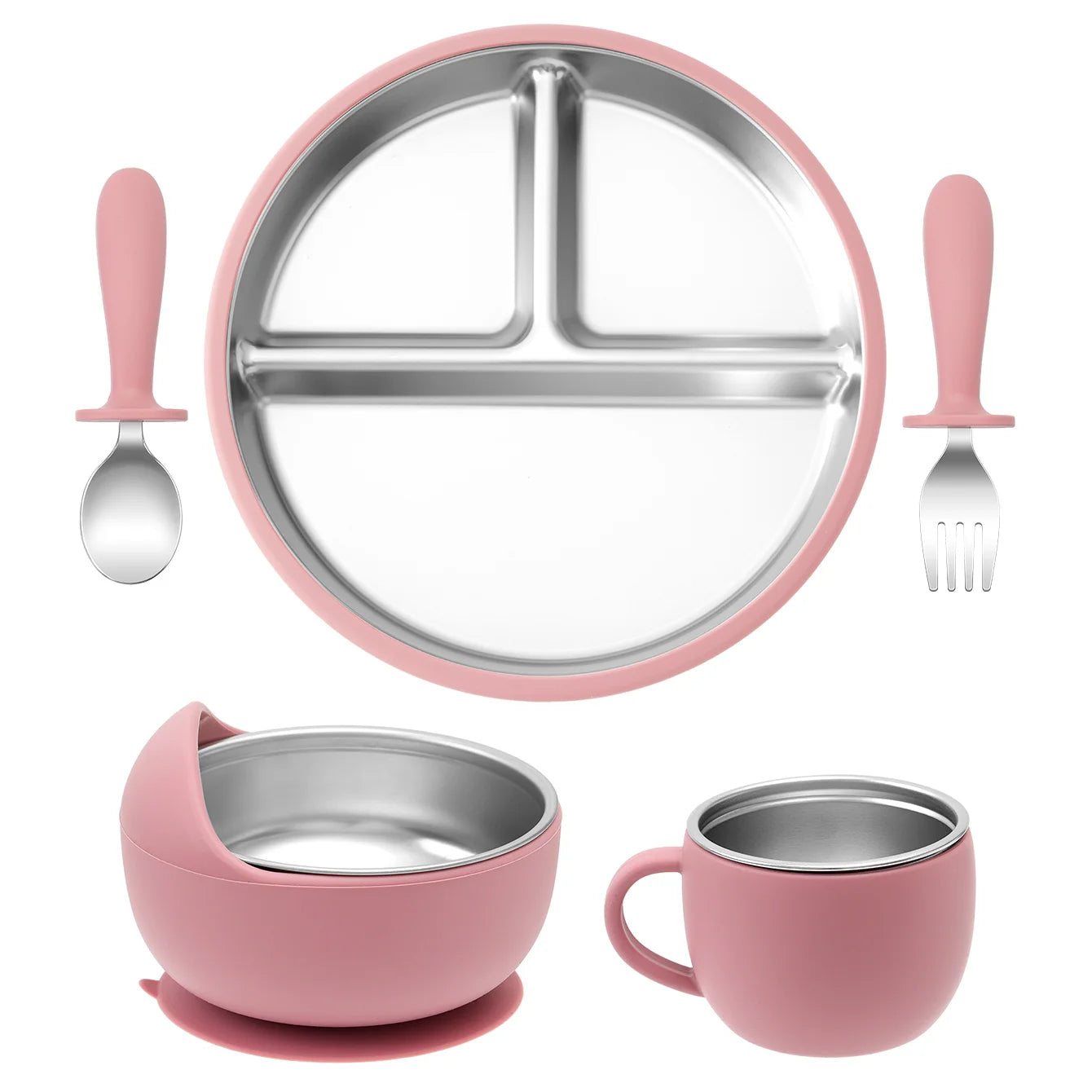 Dark Pink Stainless Steel Feeding Set with suction for kids 