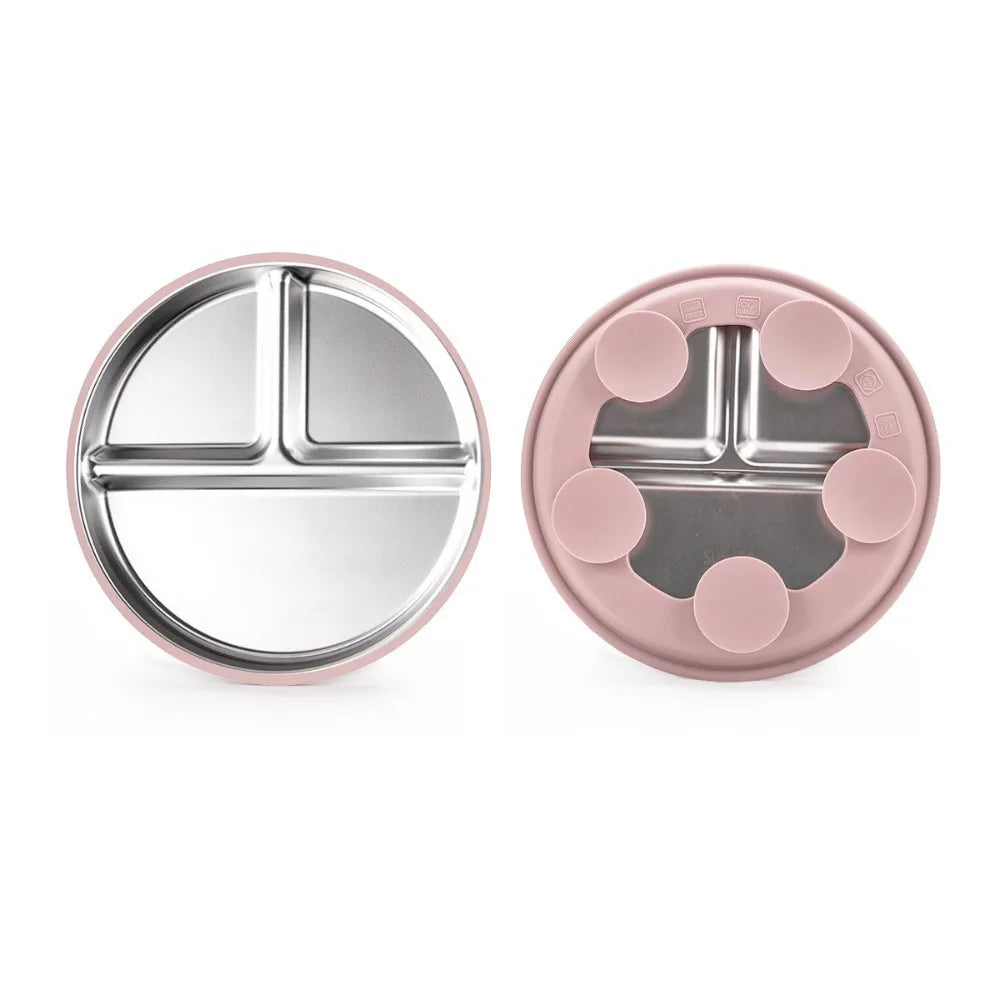 Pink Stainless steel plate for kids with silicone suction