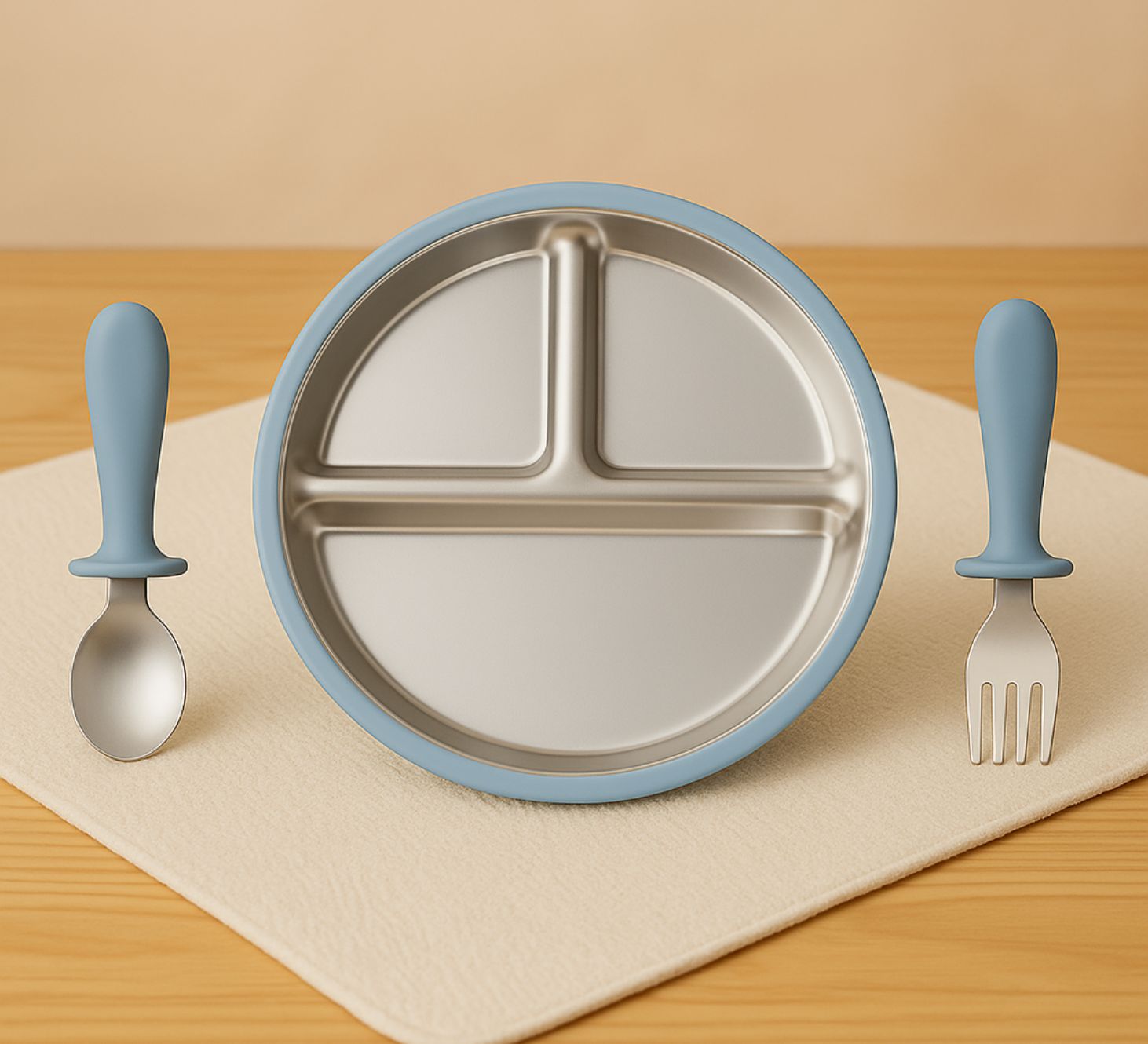 Blue Steel plate with fork and spoon  for kids babies toddler
