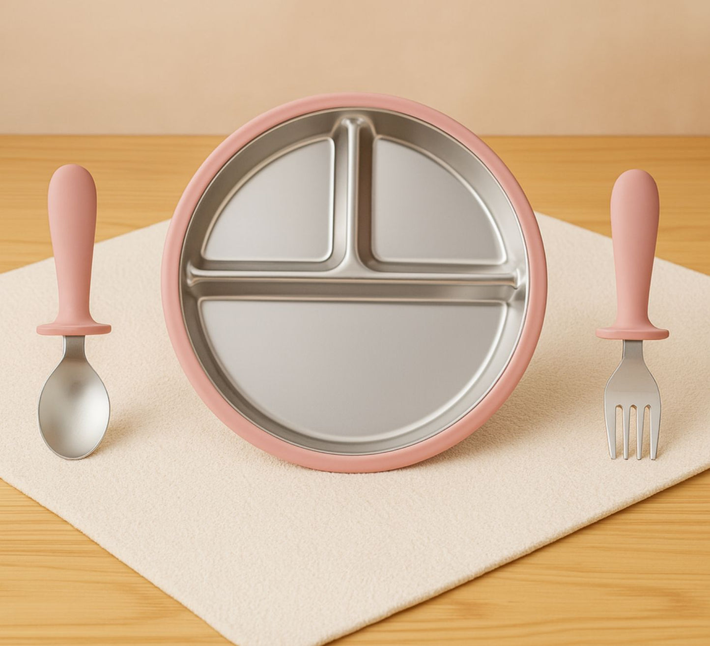 Pink Steel plate with fork and spoon for kids babies toddler