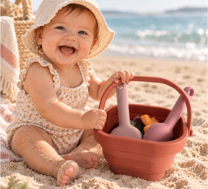 A baby wearing a straw sun hat and a cream floral romper sits on a sandy beach next to a terracotta-colored bucket filled with pink and yellow sand toys.