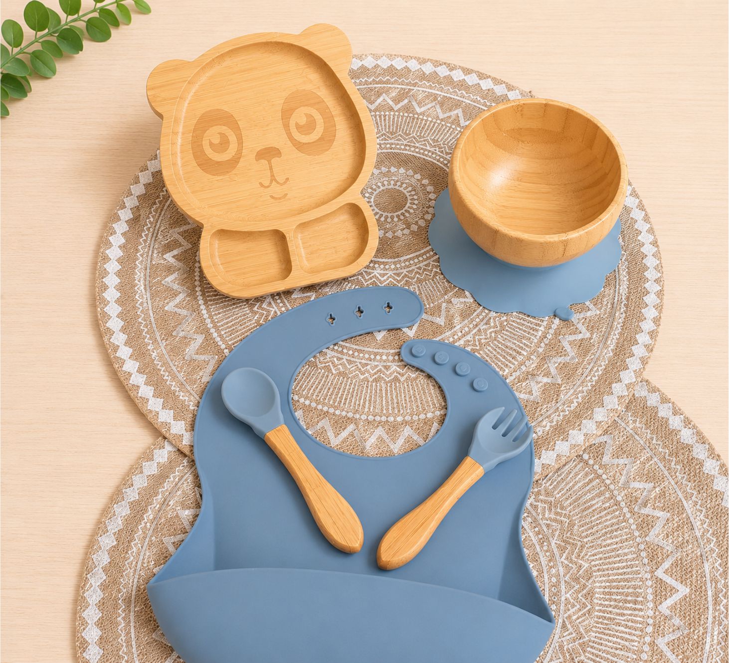 Children panda shape dinning set with bamboo plate, bamboo bowl, fork and spoon and silicone bib in blue