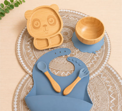 Children panda shape dinning set with bamboo plate, bamboo bowl, fork and spoon and silicone bib in blue