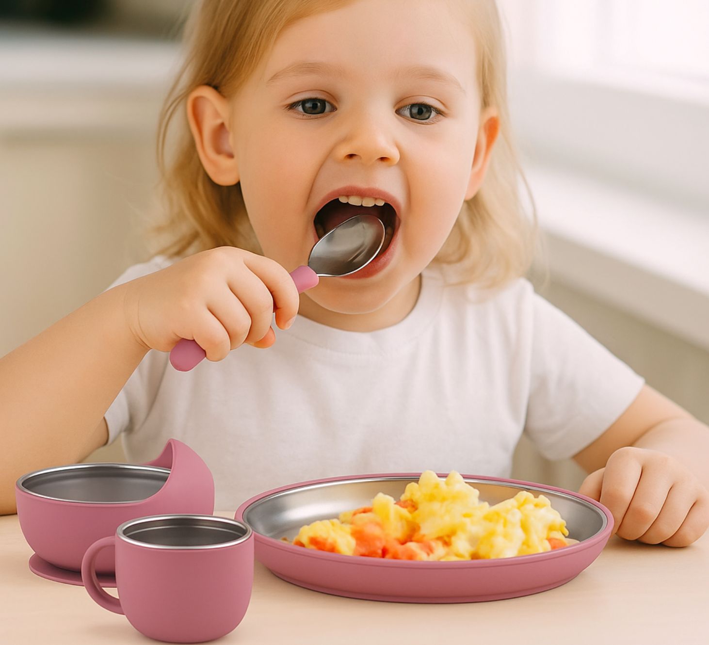 Pink Stainless Steel Feeding Set with suction for kids 