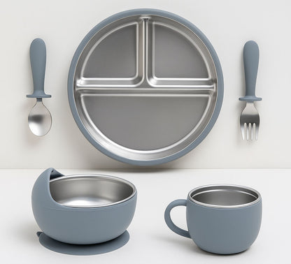 Gray Stainless Steel Feeding Set with suction for kids 