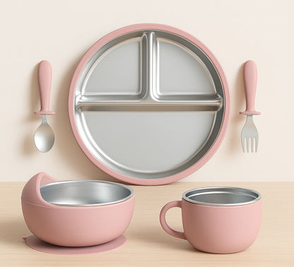 Pink Stainless Steel Feeding Set with suction for kids 