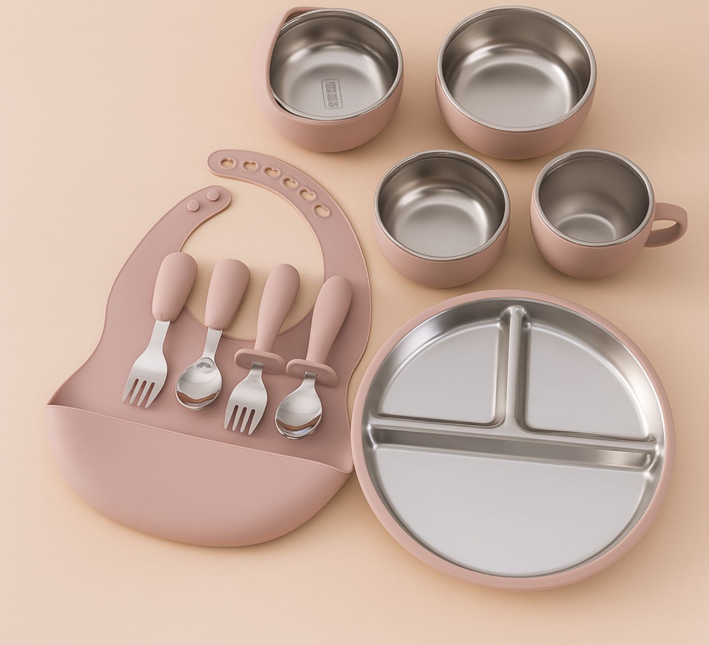 Pink feeding set with bib plate cup bowl cutlery