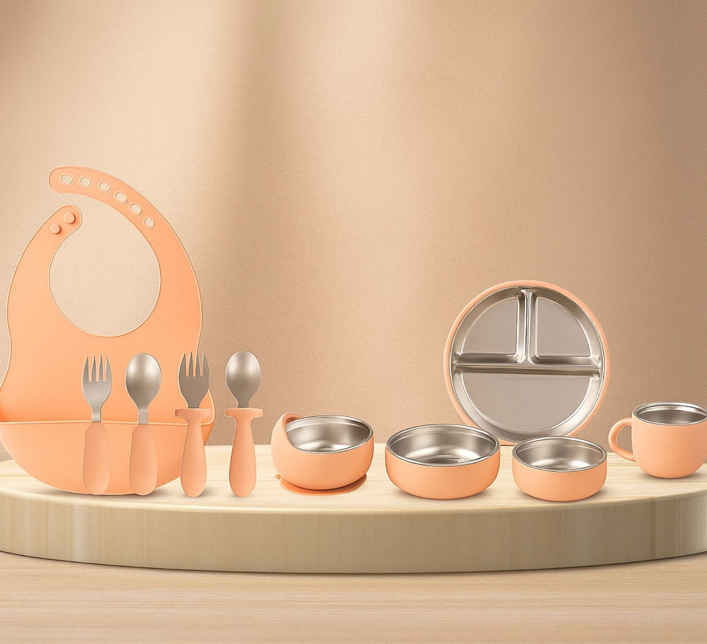 Peach feeding set with bib plate cup bowl cutlery