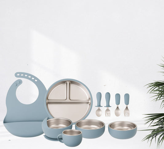 Blue Silicone Stainless Steel feeding set with bib plate cup bowl cutlery