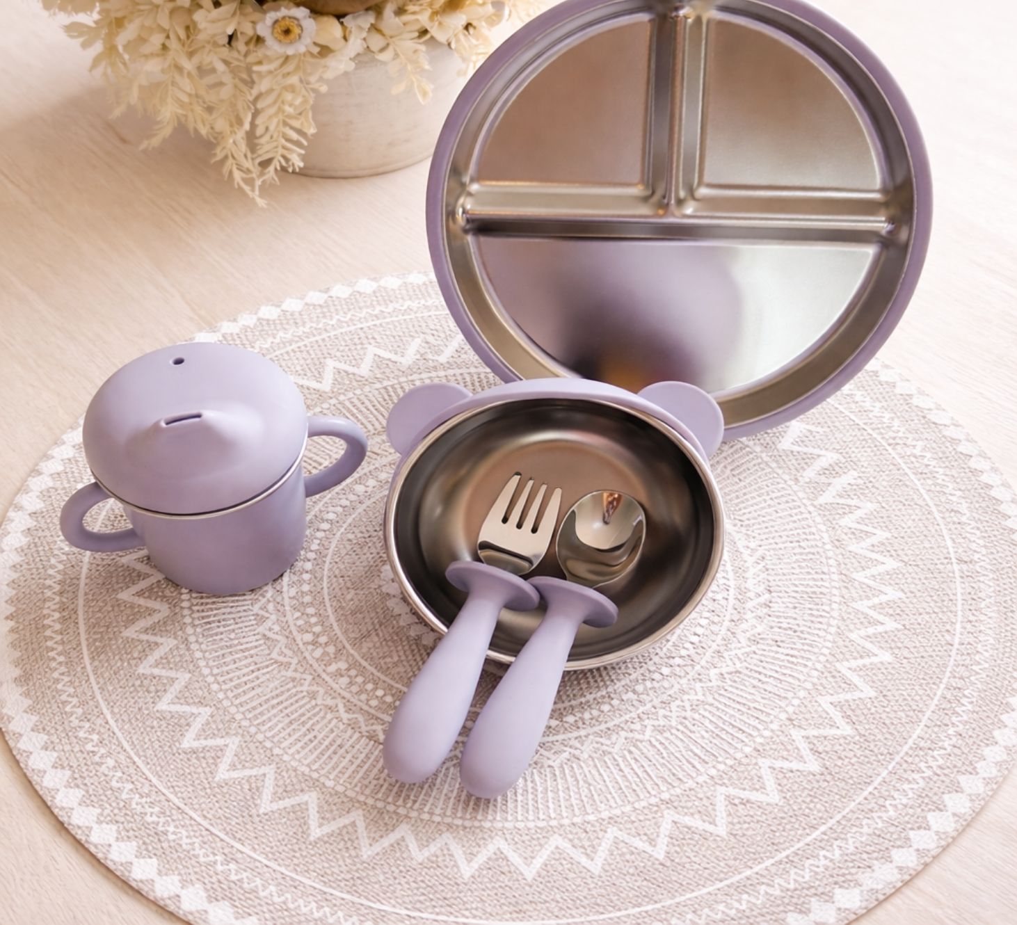 Lavender BPA-free stainless steel baby feeding set including divided plate with lid, bowl, fork, spoon and silicone training cup