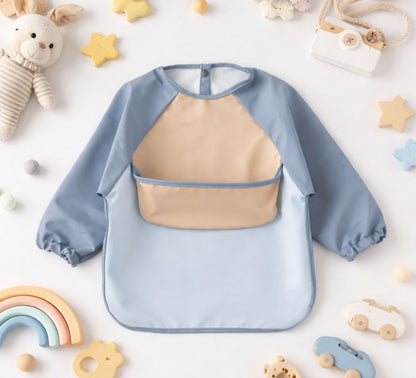 blue and beige baby long sleeve waterproof bib feeding smock