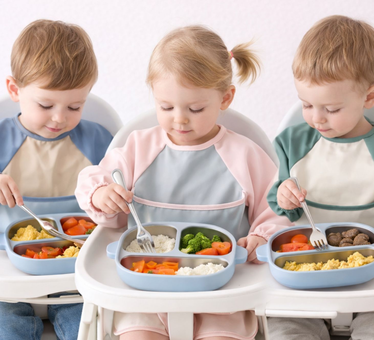 toddlers wearing a feeding smock