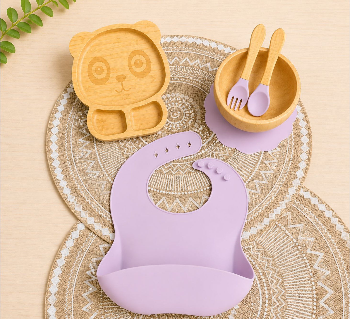 Children panda shape dinning set with bamboo plate, bamboo bowl, fork and spoon and silicone bib in purple