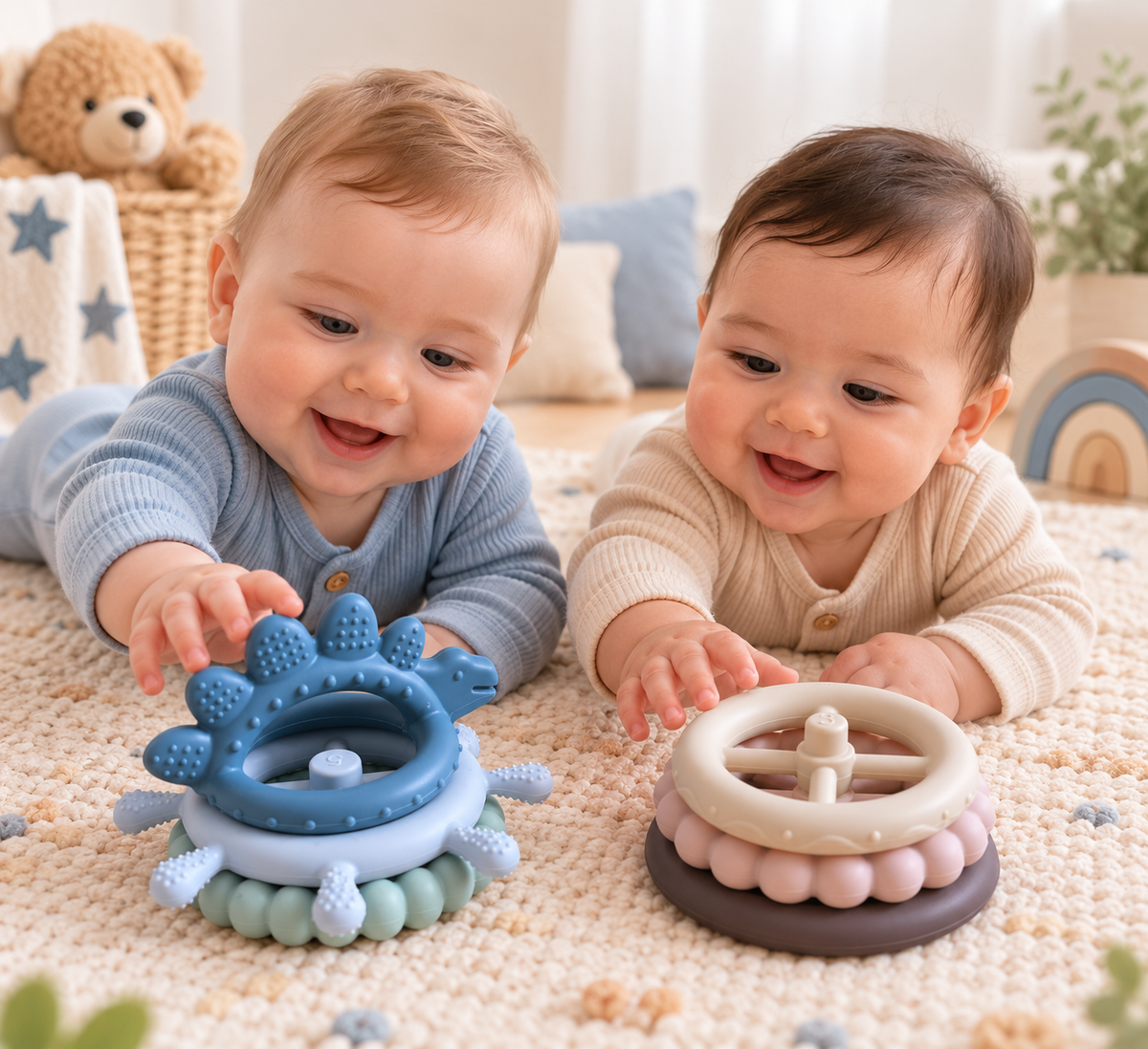 two baby boys playing with the stacking toy